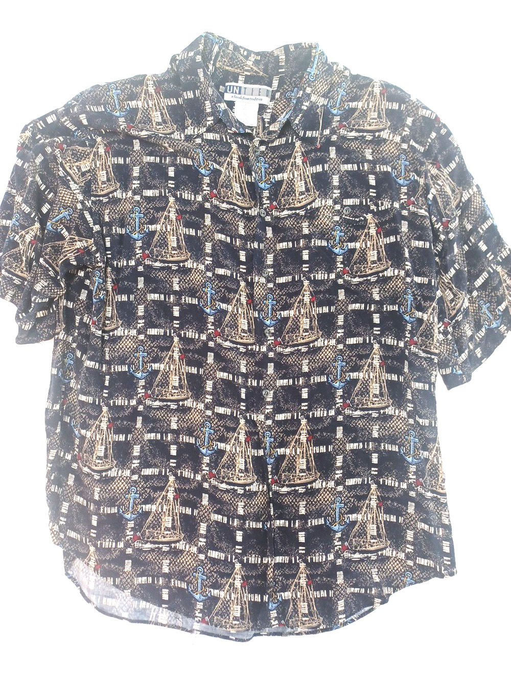Untied VTG Mens Nautical Shirt Sz XL Button SS Rayon Boats Anchors *Flaw in hem